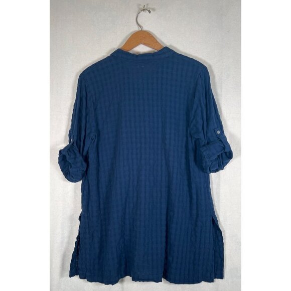 J.Jill Women Size M Navy Blue MOP Button Front Top Tab 3/4 Sleeve Texture Fabric - Picture 5 of 12